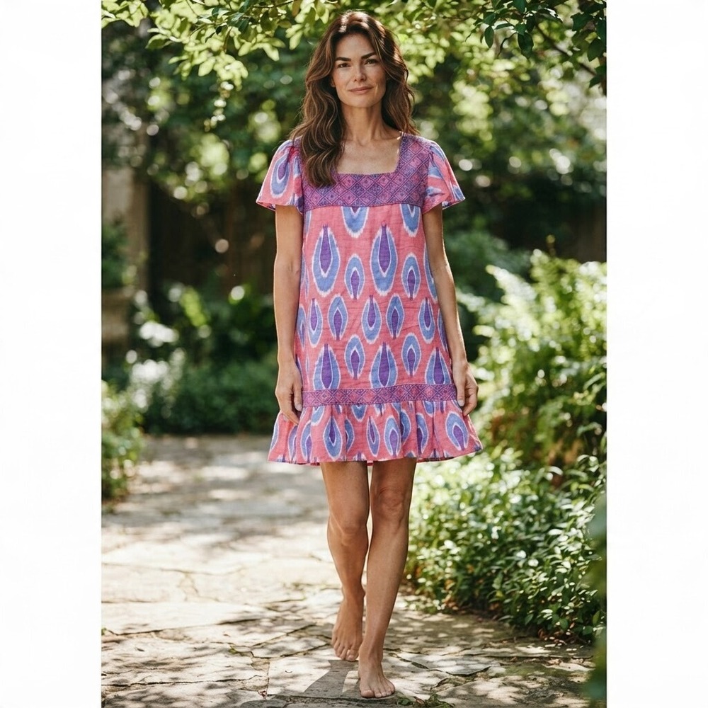 Anthropologie x Niko With Love Pink Purple Ikat Linen Embroidered Ruffle Dress